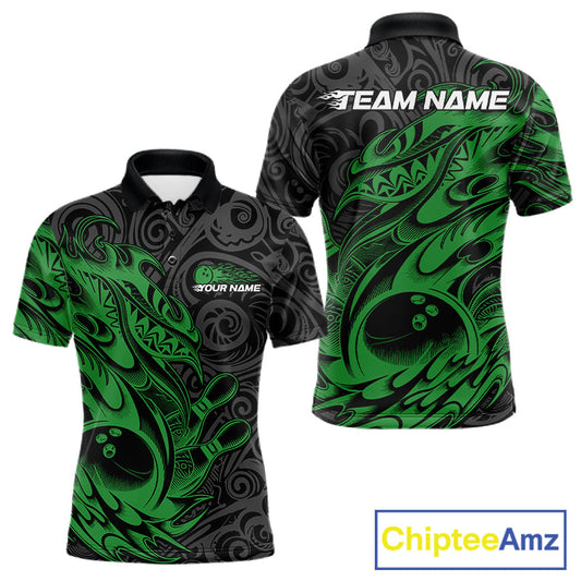 Custom Black And Green Tribal Polynesian Bowling Team Men Shirts, Niho Mano Bowling Shirt IPHW10757