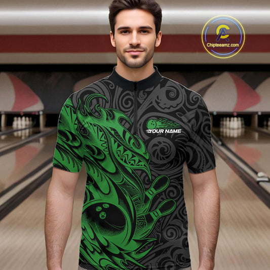 Custom Black And Green Tribal Polynesian Bowling Team Men Shirts, Niho Mano Bowling Shirt IPHW10757