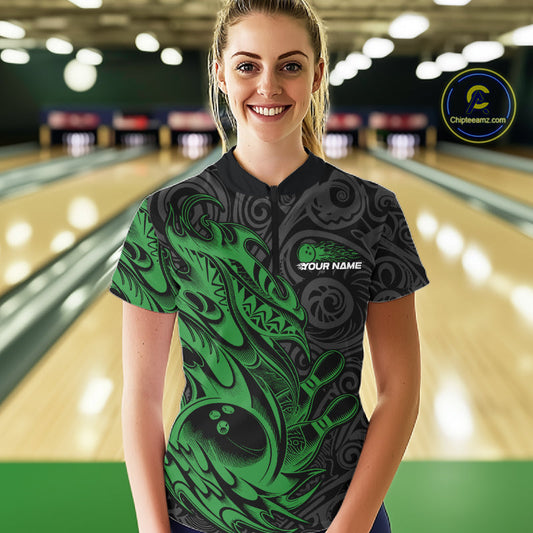 Custom Black And Green Tribal Polynesian Bowling Women Shirts, Niho Mano Bowling Shirt IPHW10757
