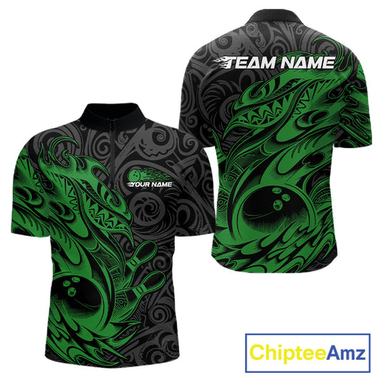 Custom Black And Green Tribal Polynesian Bowling Team Men Shirts, Niho Mano Bowling Shirt IPHW10757