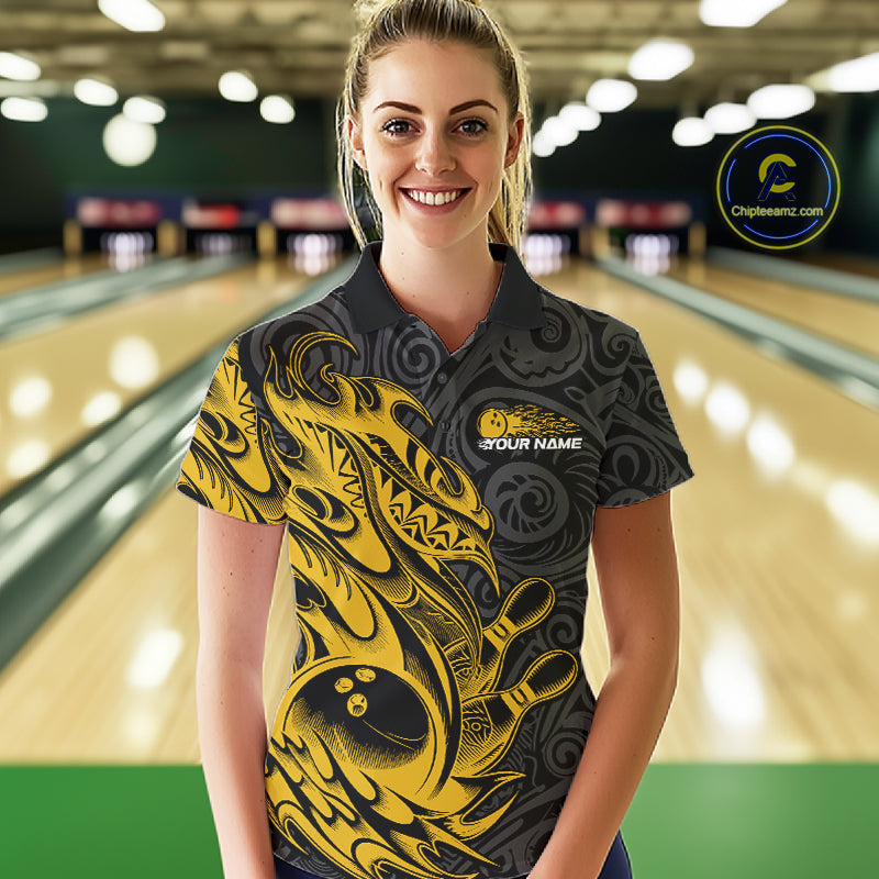Custom Black And Yellow Tribal Polynesian Bowling Team Women Shirts, Niho Mano Bowling Shirt IPHW10758