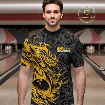Custom Black And Yellow Tribal Polynesian Bowling Team Men Shirts, Niho Mano Bowling Shirt IPHW10758