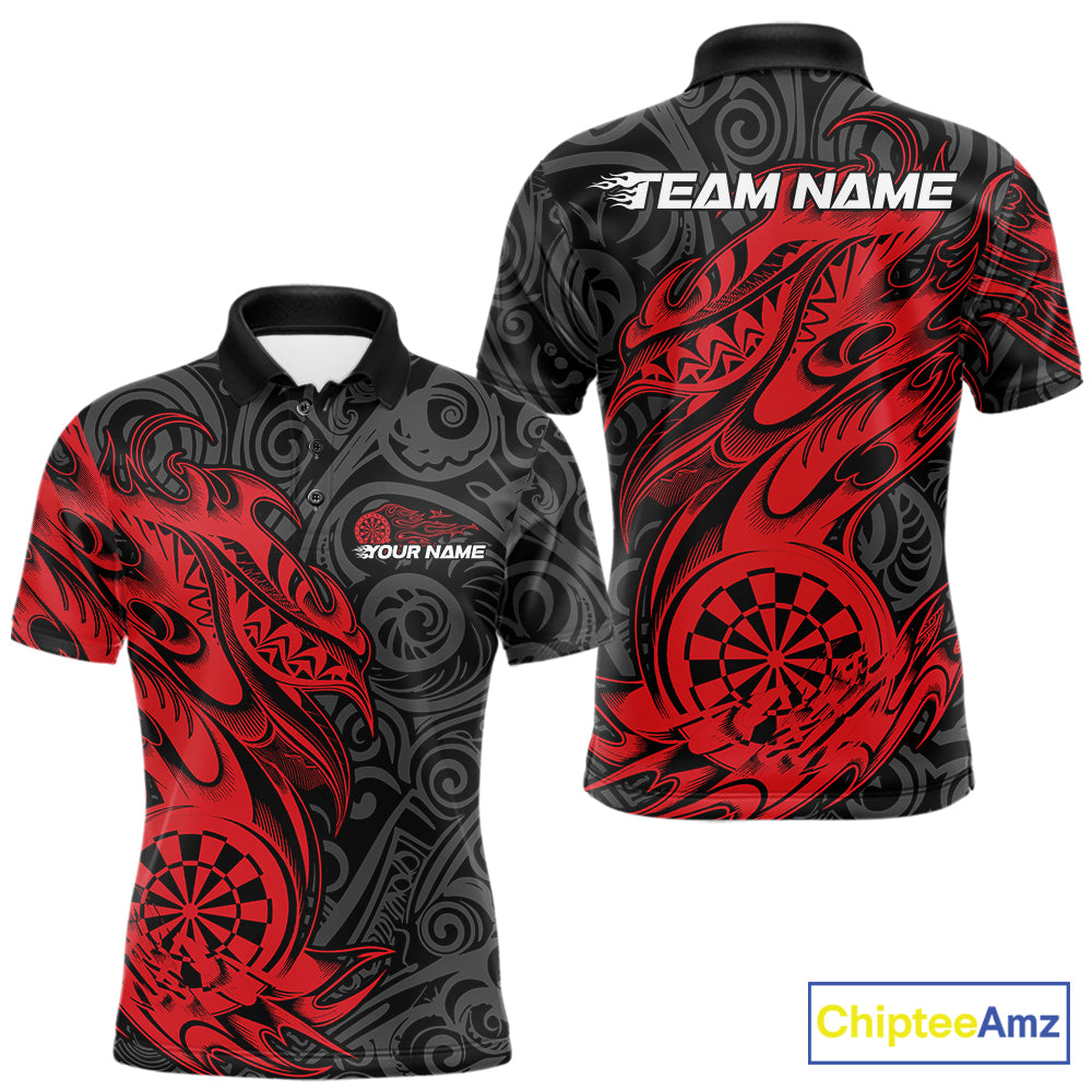 Custom Black And Red Tribal Polynesian Dart Team Men Shirts, Niho Mano Dart Shirt IPHW10760
