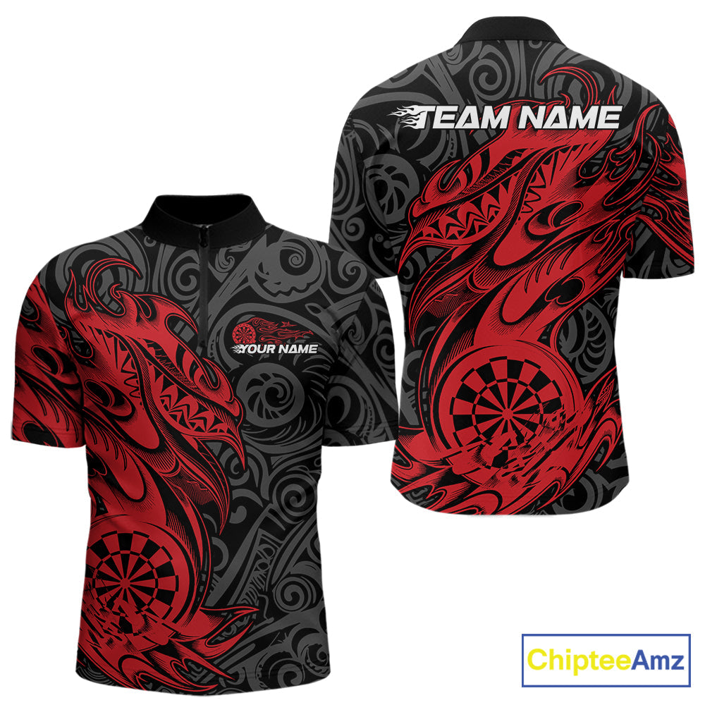 Custom Black And Red Tribal Polynesian Dart Team Men Shirts, Niho Mano Dart Shirt IPHW10760