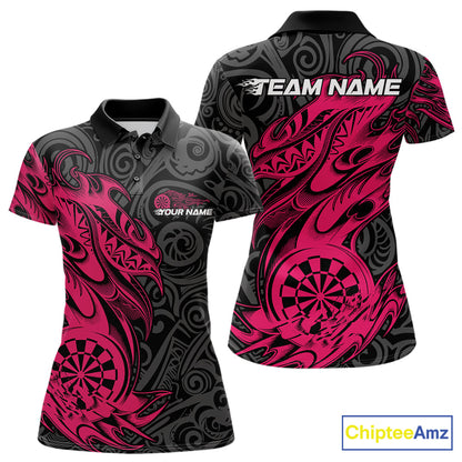 Custom Black And Pink Tribal Polynesian Dart Team Women Shirts, Niho Mano Dart Shirt IPHW10761