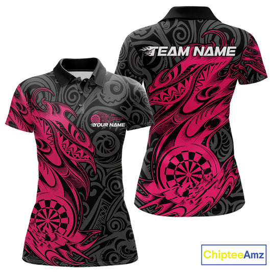 Custom Black And Pink Tribal Polynesian Dart Team Women Shirts, Niho Mano Dart Shirt IPHW10761