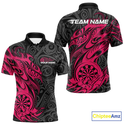 Custom Black And Pink Tribal Polynesian Dart Team Men Shirts, Niho Mano Dart Shirt IPHW10761