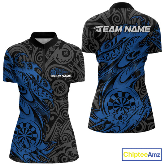 Custom Black And Blue Tribal Polynesian Dart Team Women Shirts, Niho Mano Dart Shirt IPHW10762