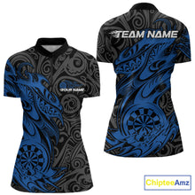 Load image into Gallery viewer, Custom Black And Blue Tribal Polynesian Dart Team Women Shirts, Niho Mano Dart Shirt IPHW10762