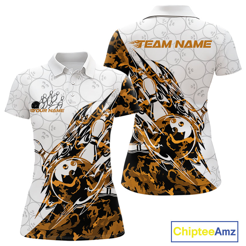 Front and back views of a white womens bowling polo shirt showcasing bowling-themed graphics with sharp orange camo streaks.