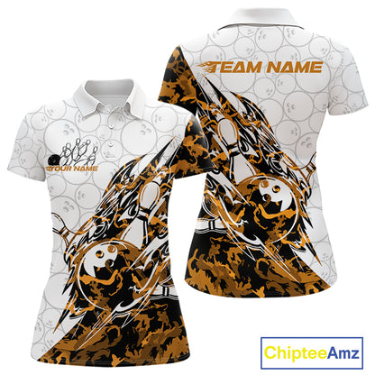 Front and back views of a white womens bowling polo shirt showcasing bowling-themed graphics with sharp orange camo streaks.