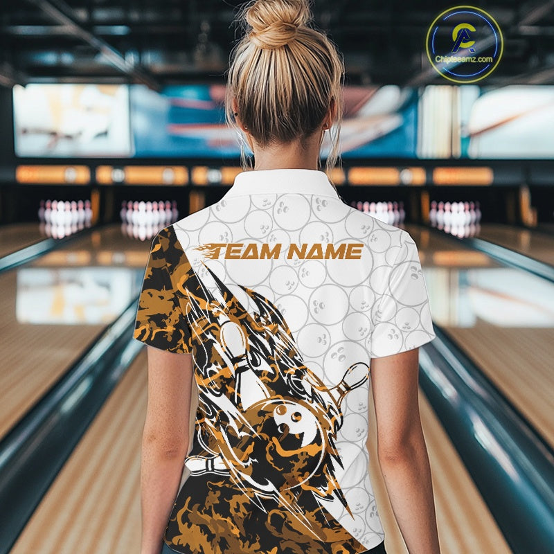 Back view of a female model in a white bowling polo shirt featuring orange camo streak accents and bowling motifs.