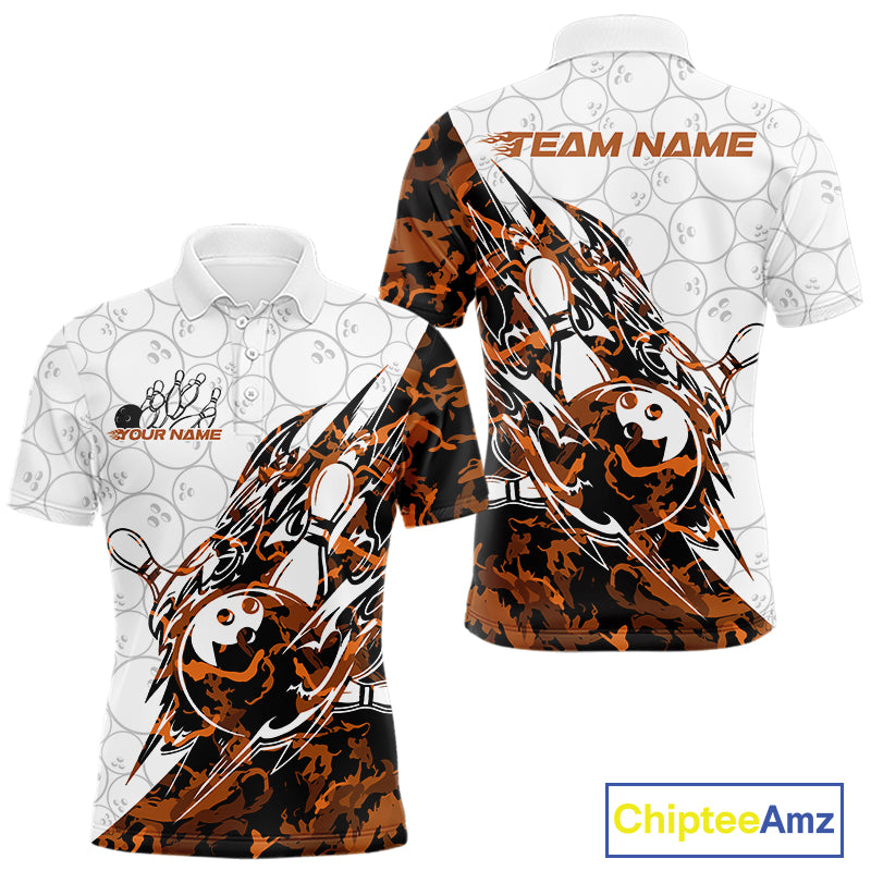 Front and back views of a white mens bowling polo shirt featuring bowling pins and a ball highlighted by sharp yellow camo streaks.