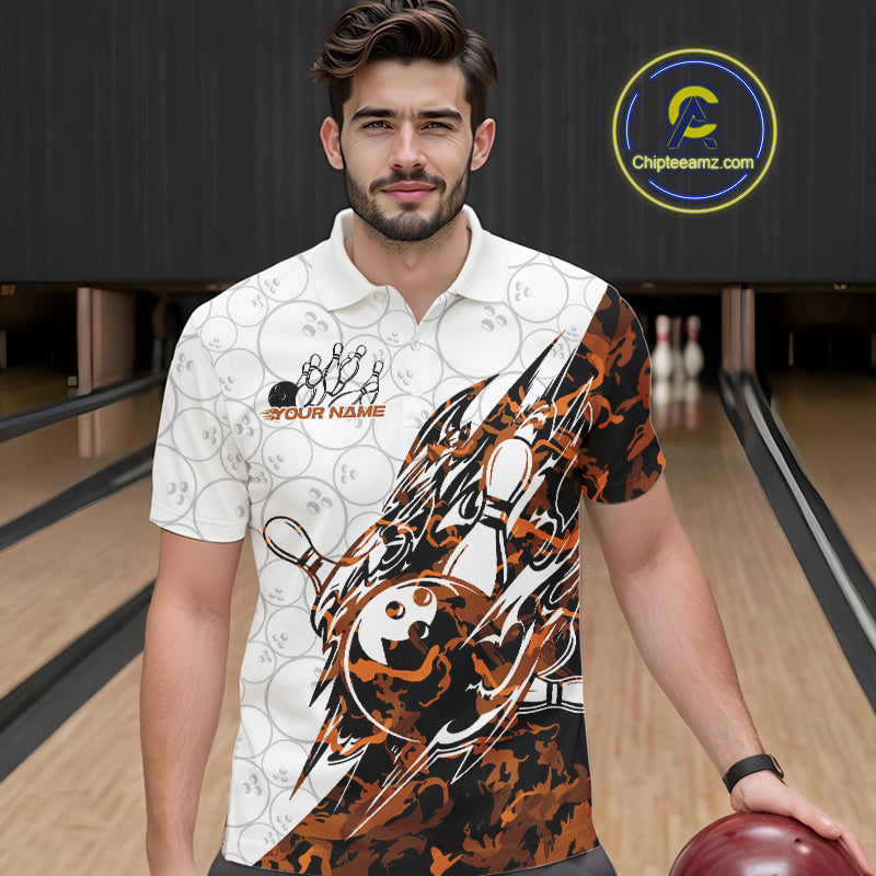 Male model wearing a white bowling polo shirt at the lane with yellow camo bowling graphics and faint bowling ball details.