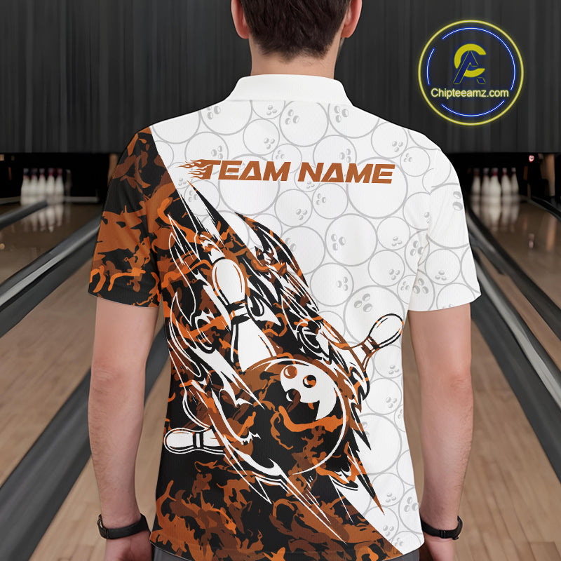 Back view of a male model in a white bowling polo shirt displaying yellow camo streak bowling artwork.