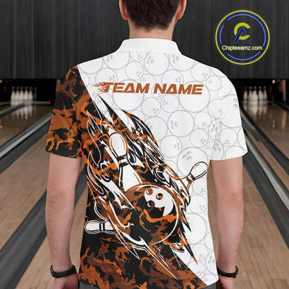 Back view of a male model in a white bowling polo shirt displaying yellow camo streak bowling artwork.