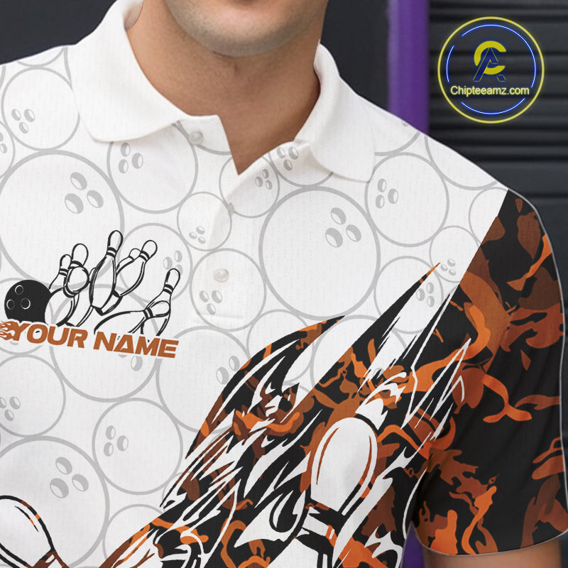 Close-up of the left chest on a white bowling polo shirt featuring yellow camo accents and bowling motifs.