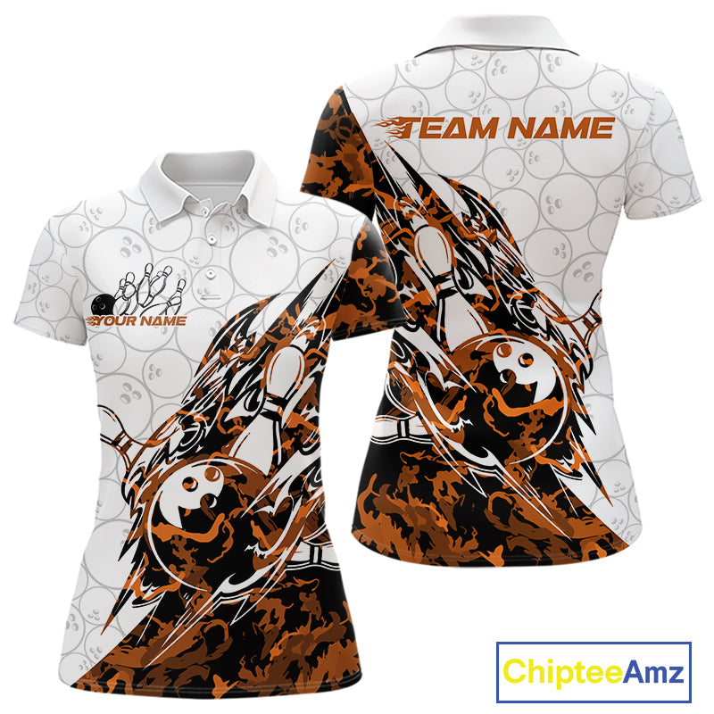 Front and back views of a white womens bowling polo shirt featuring bowling pins and a ball with sharp yellow camo streaks.