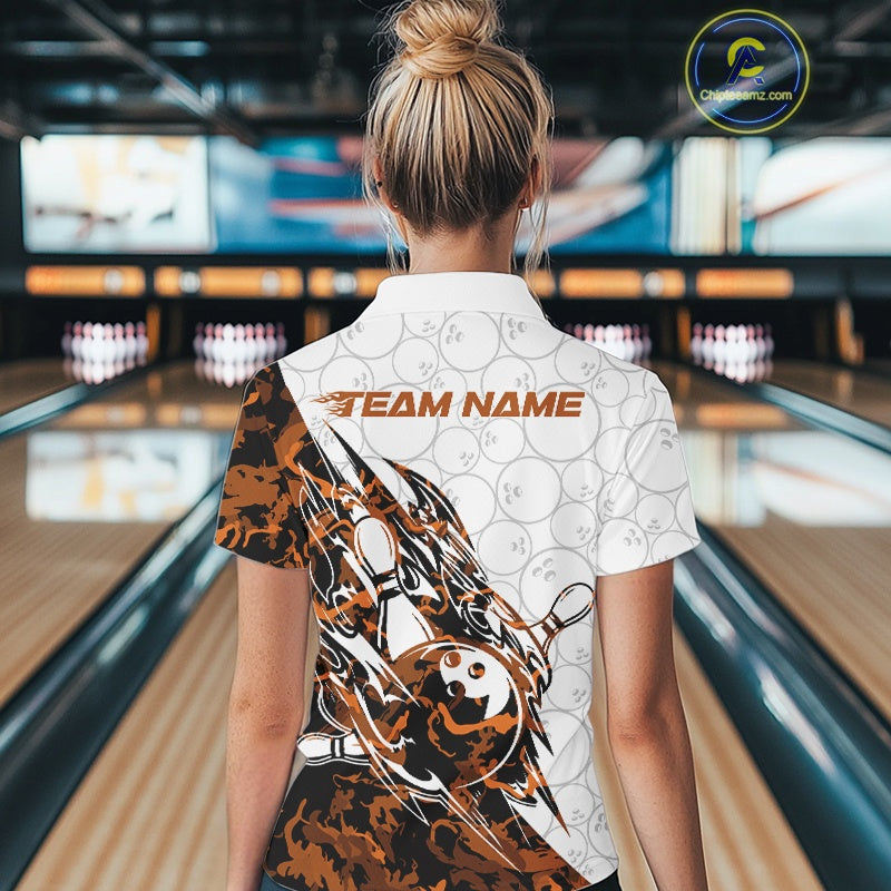 Back view of a female model in a white bowling polo shirt displaying yellow camo streak artwork and bowling details.