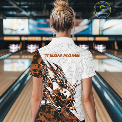 Back view of a female model in a white bowling polo shirt displaying yellow camo streak artwork and bowling details.