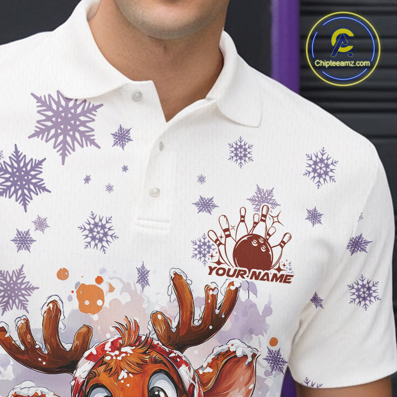 Custom Cute Funny Reindeer Christmas Bowling Men Polo Shirts, Xmas Team Bowling Shirt IPHW10112