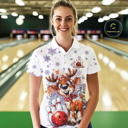 Custom Cute Funny Reindeer Christmas Bowling Women Polo Shirts, Xmas Team Bowling Shirt IPHW10112