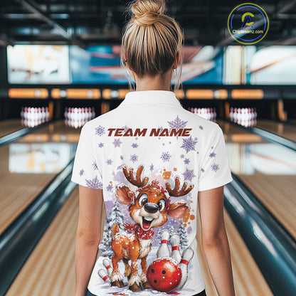 Custom Cute Funny Reindeer Christmas Bowling Women Polo Shirts, Xmas Team Bowling Shirt IPHW10112