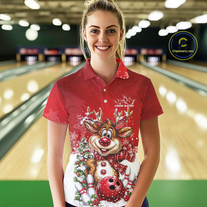 Custom Cute Funny Reindeer Christmas Bowling Women Polo Shirts, Xmas Team Bowling Outfit IPHW10115