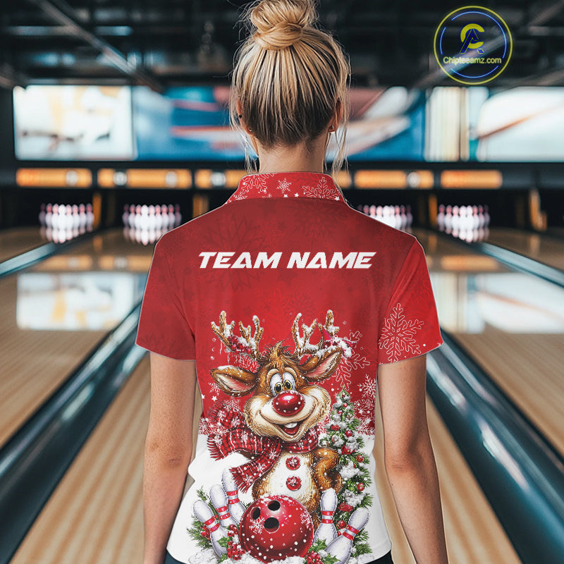 Custom Cute Funny Reindeer Christmas Bowling Women Polo Shirts, Xmas Team Bowling Outfit IPHW10115