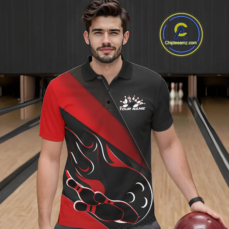 Custom Black And Red Flame Bowling Men Polo Shirt, Team Bowling League Shirt IPHW10254