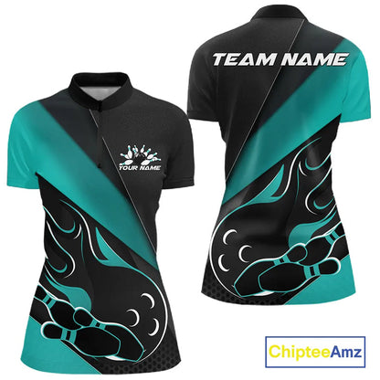 Custom Black And Turquoise Blue Flame Bowling Women Shirt, Team Bowling League Shirt IPHW10255