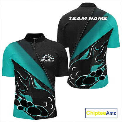 Custom Black And Turquoise Blue Flame Bowling Men Quarter-Zip Shirt, Team Bowling League Shirt IPHW10255
