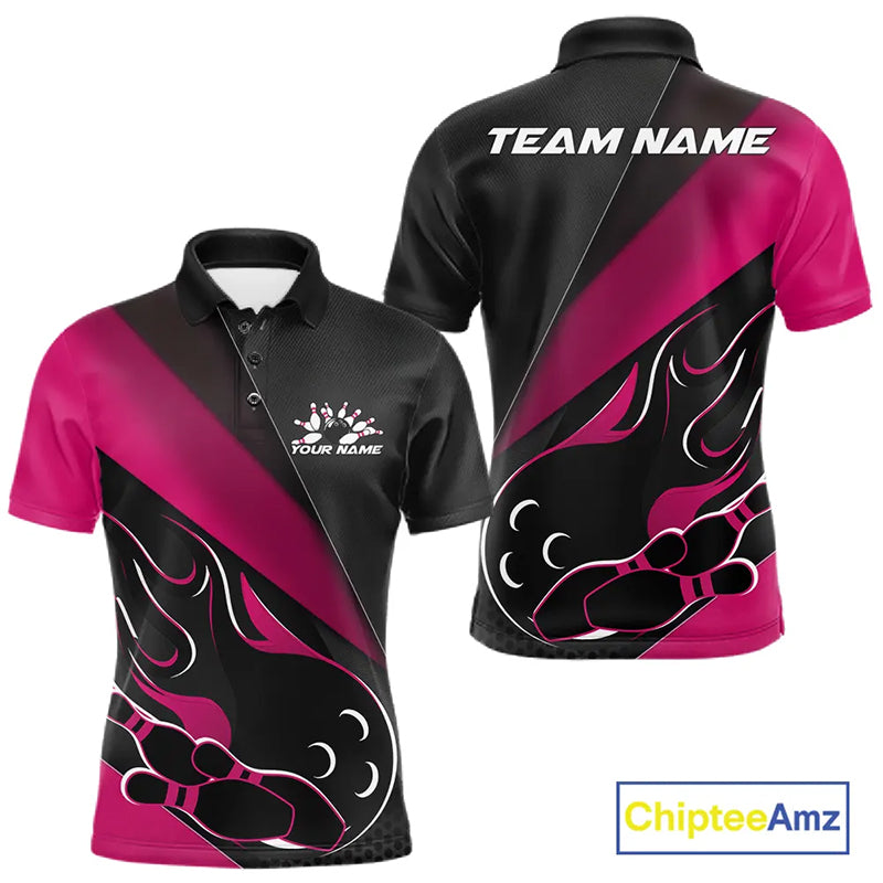 Custom Black And Pink Flame Bowling Men Polo Shirt, Team Bowling League Shirt IPHW10256