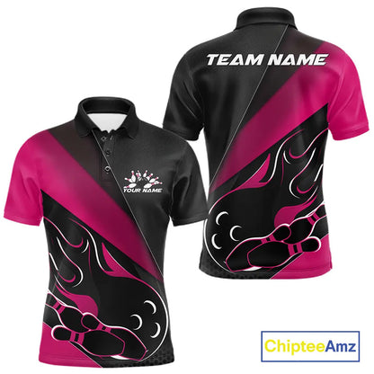 Custom Black And Pink Flame Bowling Men Polo Shirt, Team Bowling League Shirt IPHW10256