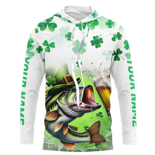 Custom St Patrick's Day Shamprock Largemouth Bass Long Sleeve Hooded Tournament Fishing Shirts IPHW8387