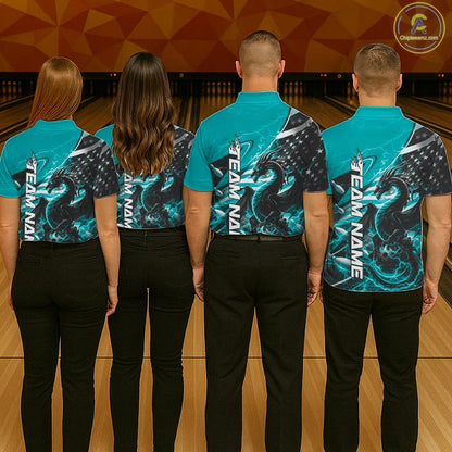 Custom Turquoise Blue Thunder Lightning Patriotic Dragon Bowling Shirts, Freedom US Flag Bowling Jerseys IPHW10482