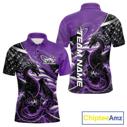 Custom Purple Thunder Lightning Patriotic Dragon Bowling Shirts, Freedom US Flag Bowling Jerseys Bowlers Outfit IPHW10485