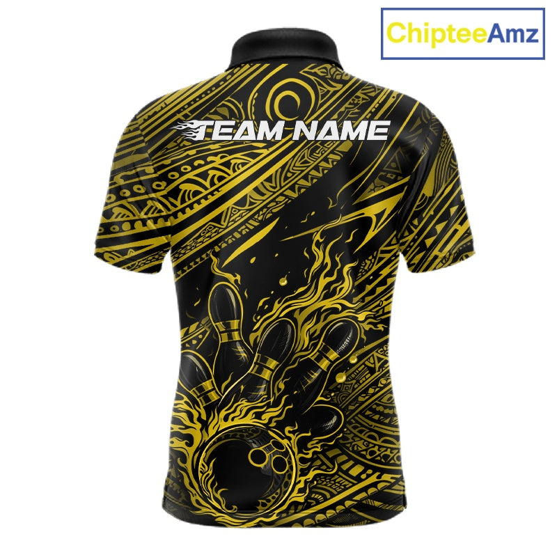 Custom Black And Yellow Tribal Flame Bowling Ball Bowling Team Shirts, Polynesian Bowling Tournament Shirt IPHW10489