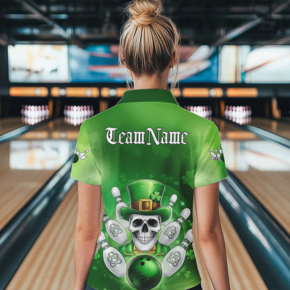Custom Celtic St Patricks Bowling Womens Quarter-Zip Shirts, Shamprock Skull Bowling Shirt IPHW8589