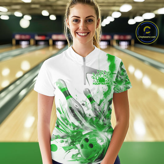 Custom Black And Green Women Bowling Team Shirts, Bowling League Shirt Bowlers Outfit IPHW10783