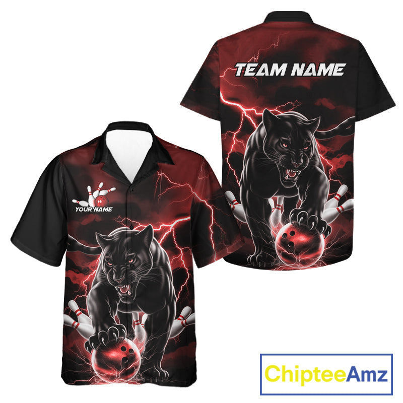 Red Thunder Lightning Custom Panther Men And Women Bowling Hawaiian Shirts, Panther Bowling Jerseys IPHW10790