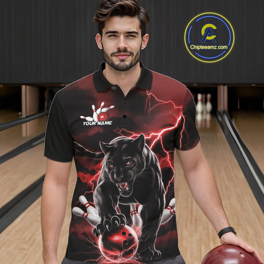 Red Thunder Lightning Custom Panther Men Bowling Polo Shirts, Panther Bowling Jerseys IPHW10790