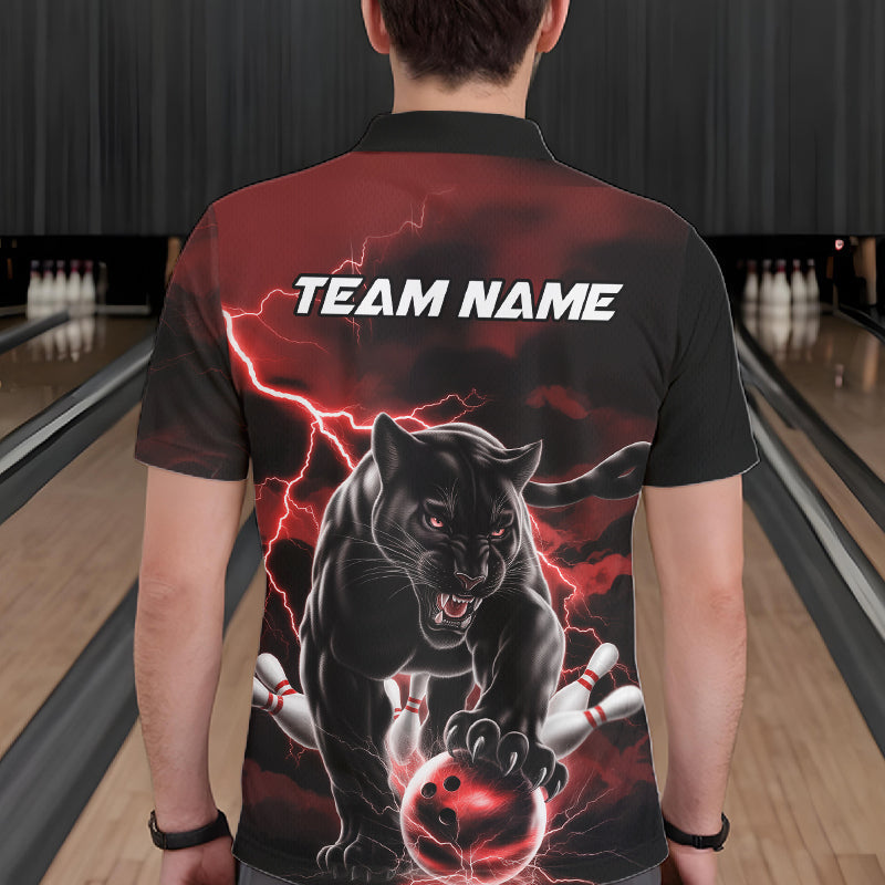 Red Thunder Lightning Custom Panther Men Bowling Polo Shirts, Panther Bowling Jerseys IPHW10790