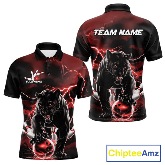 Red Thunder Lightning Custom Panther Men Bowling Polo Shirts, Panther Bowling Jerseys IPHW10790