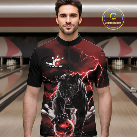 Red Thunder Lightning Custom Panther Men Bowling Quarter-Zip Shirts, Panther Bowling Jerseys IPHW10790