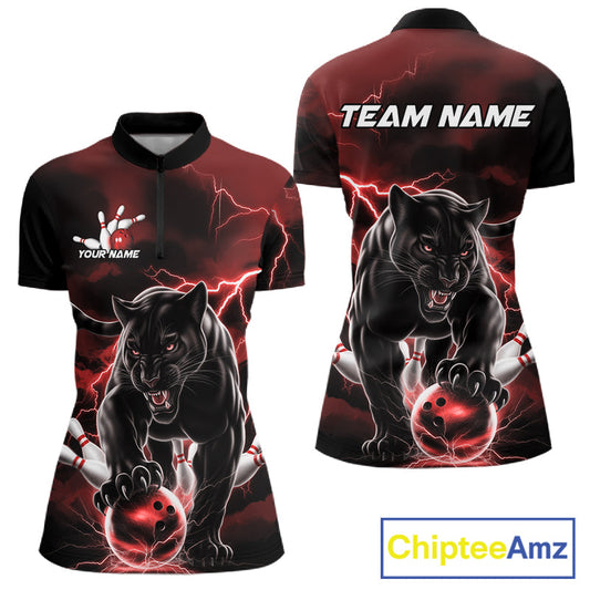 Red Thunder Lightning Custom Panther Women Bowling Shirts, Panther Bowling Jerseys IPHW10790