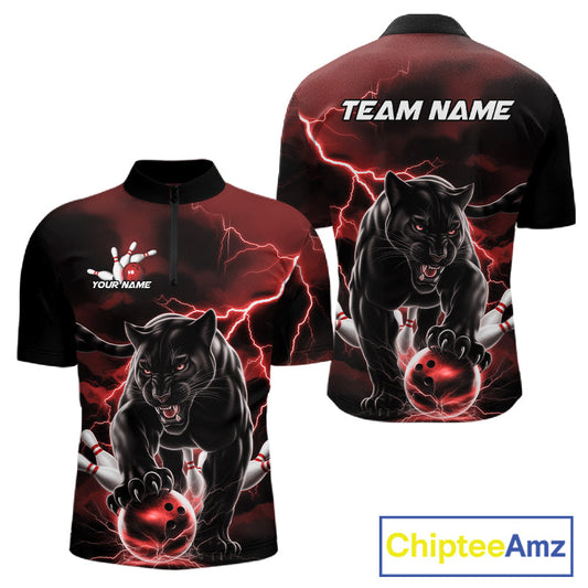 Red Thunder Lightning Custom Panther Men Bowling Quarter-Zip Shirts, Panther Bowling Jerseys IPHW10790