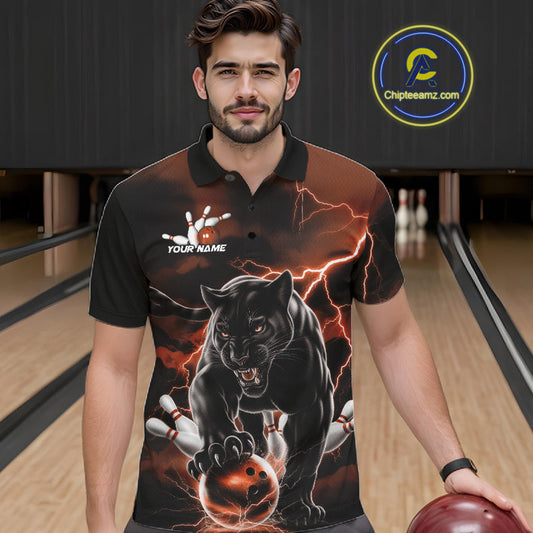 Orange Thunder Lightning Custom Panther Men Bowling Polo Shirts, Panther Bowling Jerseys IPHW10791