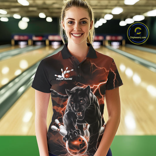 Orange Thunder Lightning Custom Panther Women Bowling Polo Shirts, Panther Bowling Jerseys IPHW10791