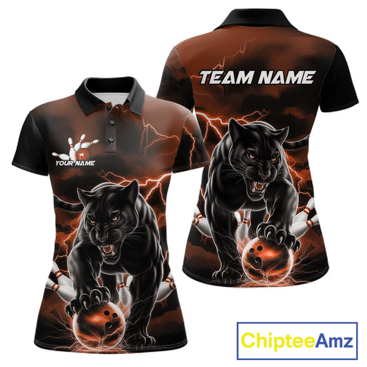 Orange Thunder Lightning Custom Panther Women Bowling Polo Shirts, Panther Bowling Jerseys IPHW10791